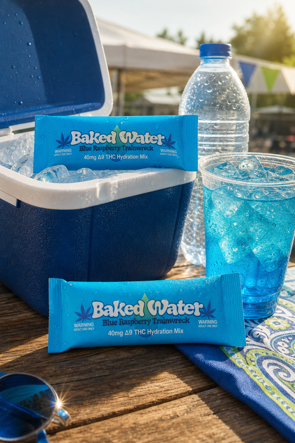 Baked Water Blue Raspberry packets with a cooler, water, and an iced blue drink