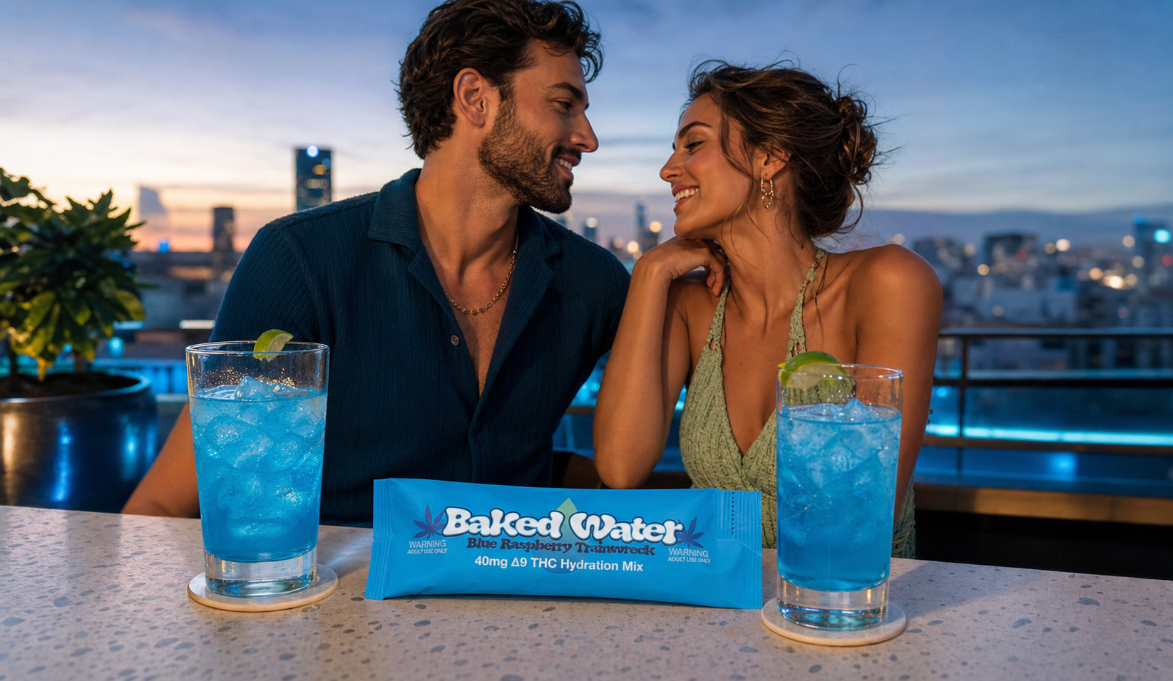 Adult couple sharing a rooftop moment with Baked Water Blue Raspberry drinks