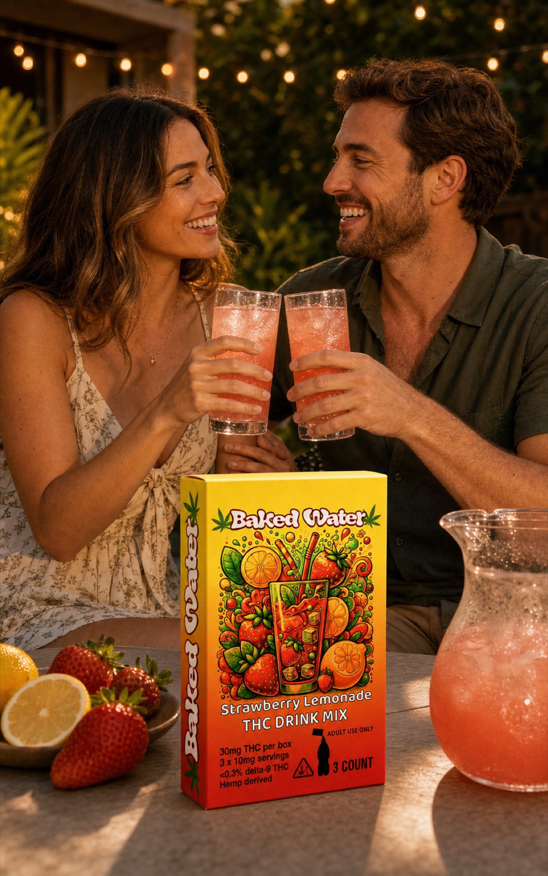 Adult couple smiling and sharing Baked Water strawberry lemonade on a garden patio