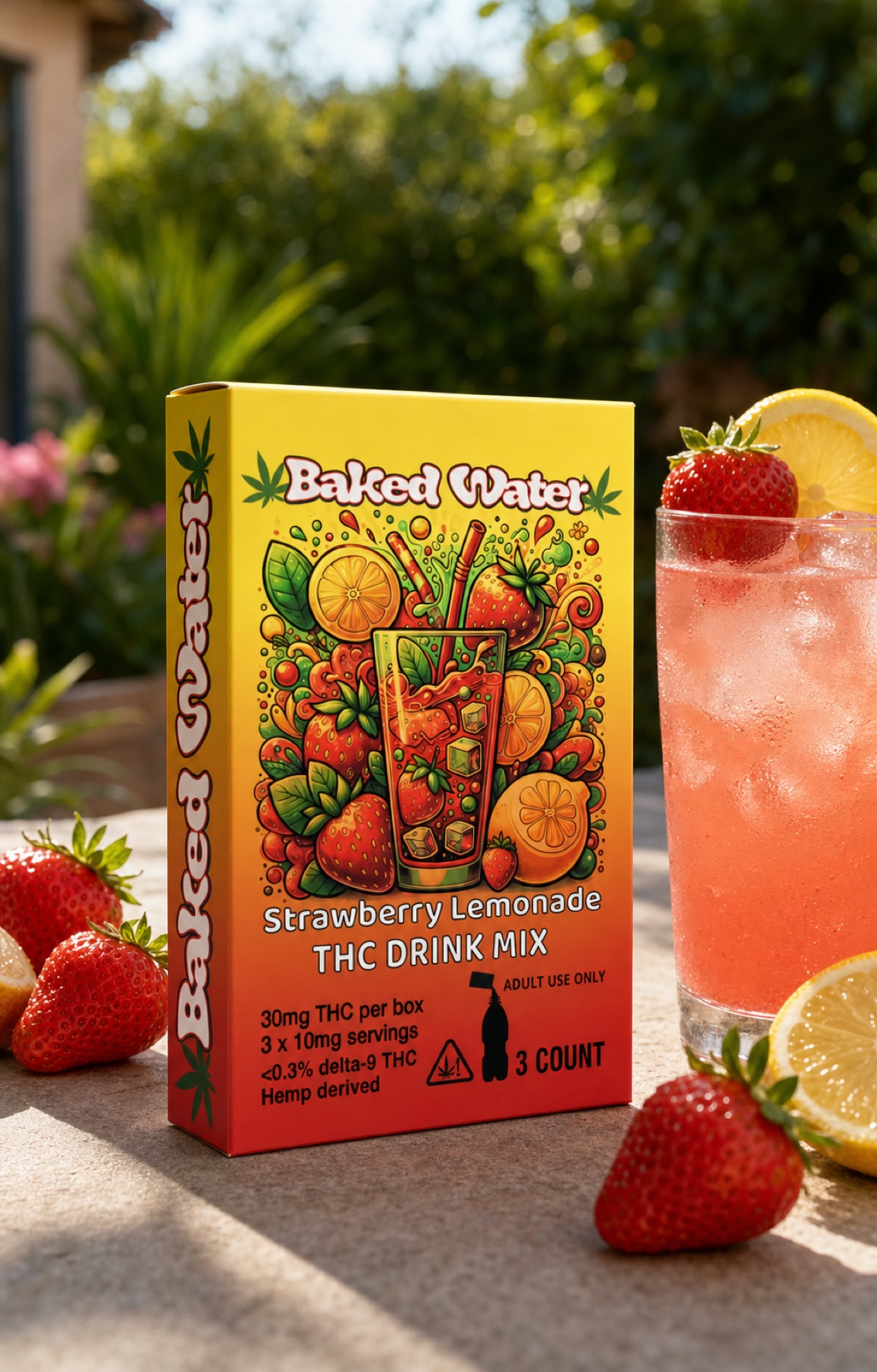 Baked Water Strawberry Lemonade THC Drink Mix box beside a pink iced drink